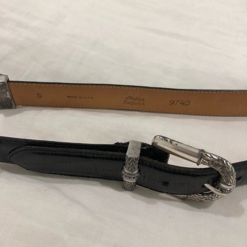 Vintage 1990s Black Leather Belt with Etched Silver